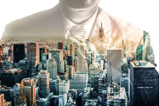 Business Man Tying Tie Suit Double Exposure New York City Skyline Cityscape Professional Abstract