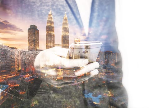 Business Man Using Smartphone Suit Double Exposure Kuala Lumpur Malaysia Asia Abstract