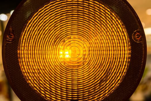 Circular Warning Light Construction Site Yellow Stop Illuminated Glowing Night Dark Traffic Attention Detail Closeup Abstract Pattern