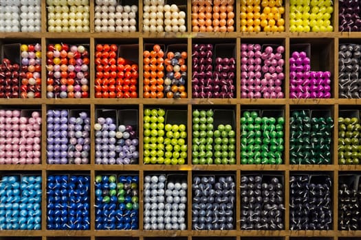 Colorful Wax Candles Collection Inventory Wooden Shelf Shopping Background Unused New Rainbow