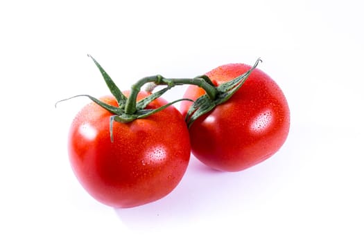 Couple Two Tomatoes Connected Stems Fresh Vegetables Cooking Ingredient Isolated White Background