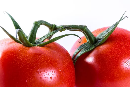 Couple Two Tomatoes Connected Stems Fresh Vegetables Cooking Ingredient Isolated White Background