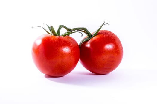 Couple Two Tomatoes Connected Stems Fresh Vegetables Cooking Ingredient Isolated White Background