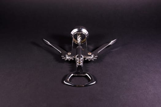 Corkscrew Metal Bottle Opener Still Life Black Background Object