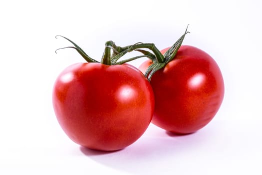 Couple Two Tomatoes Connected Stems Fresh Vegetables Cooking Ingredient Isolated White Background