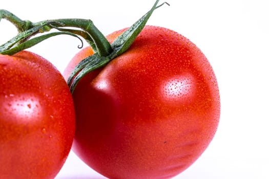 Couple Two Tomatoes Connected Stems Fresh Vegetables Cooking Ingredient Isolated White Background