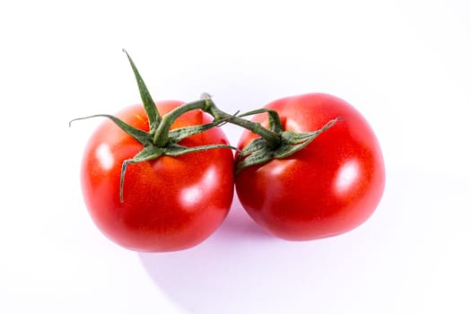 Couple Two Tomatoes Connected Stems Fresh Vegetables Cooking Ingredient Isolated White Background