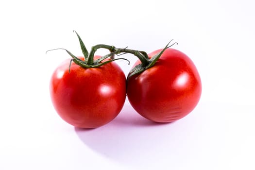 Couple Two Tomatoes Connected Stems Fresh Vegetables Cooking Ingredient Isolated White Background