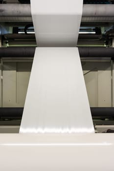 Plastic White Blank Print Feed Flexo Industry Printing Roll Processing Surface Operational Detail Closeup Factory Cylinder
