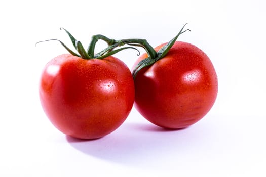 Couple Two Tomatoes Connected Stems Fresh Vegetables Cooking Ingredient Isolated White Background