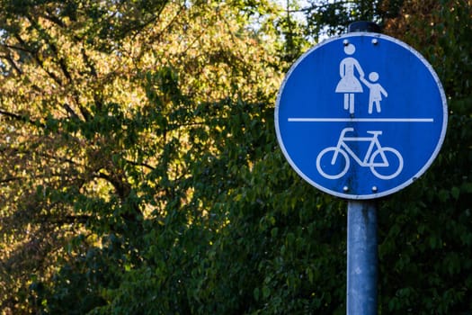 Pedestrian Walking Zone Sign Mother Bicycle Blue Traffic European