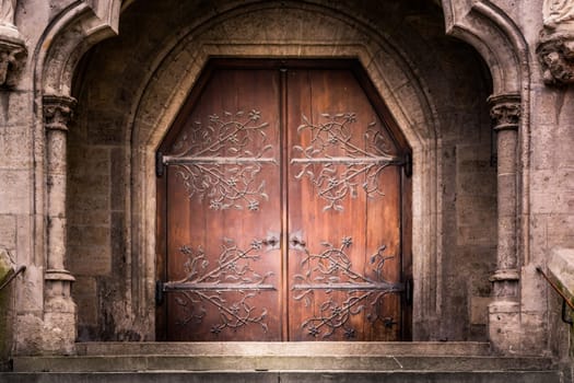 Old Reinforced Medieval Middle Ages Entrance Wooden Iron Doors Stone Castle Church Cathedral Staircase Dramatic Shadow Mysterious