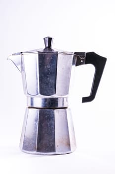 European Metal Coffee Maker Dirty Household Object Boiler Water Pot Kettle Small Single Appliance Chrome White Isolated Background