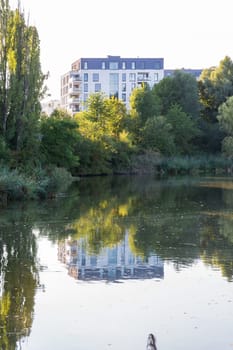 Modern European Architecture Small Pond Park Sunset