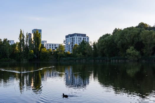 Modern European Architecture Small Pond Park Sunset