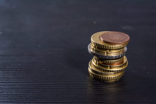 European Coins Euros Stack Metal Colors Currency Desk Black