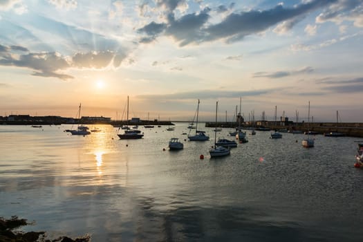 Floating Boats Sunset Anchored Harbor Howth Ireland Landscape
