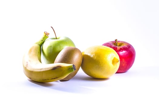 Fresh Fruits Yellow Banana Brown Kiwi Red Green Apples Group Together White Isolated Background Healthy