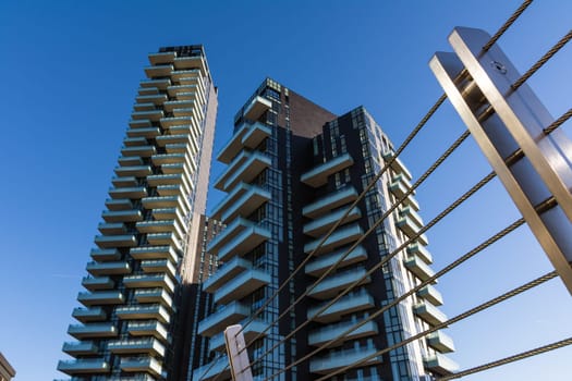 Modern Milan Italy Apartment Building Skyscrapers Bridge View Exterior Contemporary Minimal Design Outdoors Blue Skies