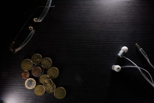 Glasses Coins Headphones Desk Office Workspace Objects Black Contrast Detail