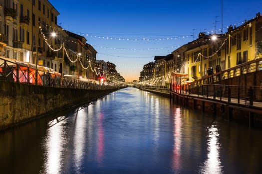 Milan Canal Naviglio Decorated for Christmas Winter 2016 Destination Travel Italy River Water Afternoon Sunset