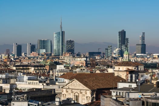Milan Business District Landscape View Mountain Alps WInter 2016 Blue Skies Clear Weather Sunset