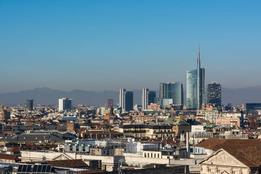 Milan Business District Landscape View Mountain Alps WInter 2016 Blue Skies Clear Weather Sunset