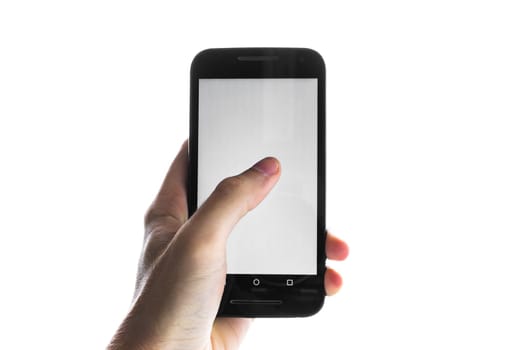 Hand Using Blank White Screen Cell Phone Press Finger Isolated