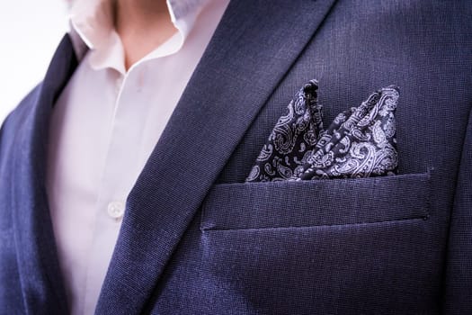 Man Wearing Suit Closeup Handkerchief Pocket Paisley Texture Tuxedo Professional Fashion Wear Blazer Jacket Chest