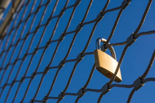 Love Lock Golden Padlock Hanging Tourist Travel Tourism Tradition Trend Strength Metal Fence Blue Sky Location Destination High Altitude