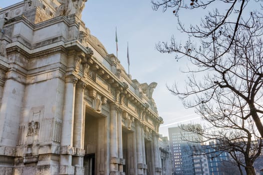 Main Train Station Milan Foggy Winter Sunny Morning Entrance Exterior Facade Architecture
