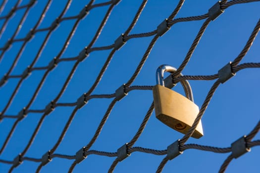 Love Lock Golden Padlock Hanging Tourist Travel Tourism Tradition Trend Strength Metal Fence Blue Sky Location Destination High Altitude