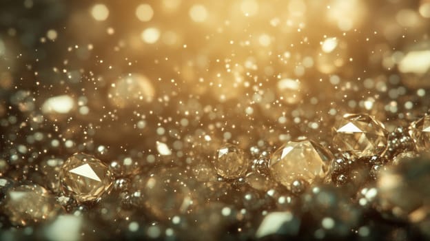 Golden crystals and sparkling gems are scattered across a surface, reflecting light and creating a warm, enchanting atmosphere filled with shimmering particles.