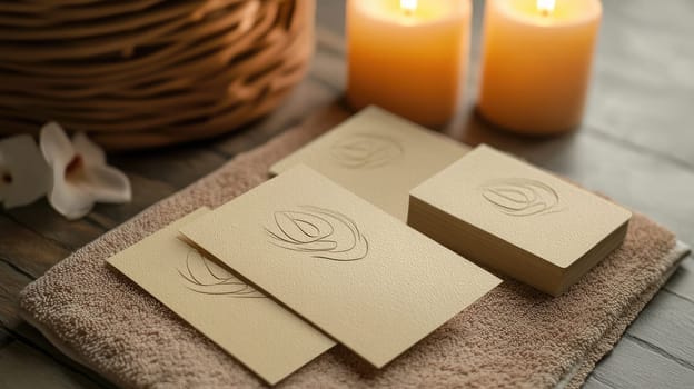 Soft candlelight creates a serene atmosphere around textured beige cards arranged neatly on a towel, situated on a wooden surface, enhancing the tranquil spa environment.