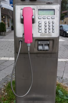 Street Public Pink Pay Phone Booth Metal Dial Pad Cord