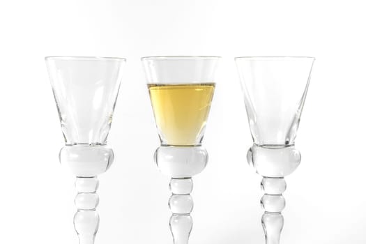 Single Shot Glass Wine Style Isolated White Background Triple Three Together Full Empty Contrast Elegant Fancy Round Stem