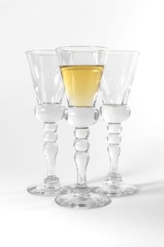 Single Shot Glass Wine Style Isolated White Background Triple Three Together Full Empty Contrast Elegant Fancy Round Stem