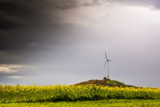 Single Windmill Turbine Hill Flowers Yellow Driving Highway Motion Blur Landscape Overcast Weather Sustainable Energy Germany Europe Green Clouds Heavy Vignette
