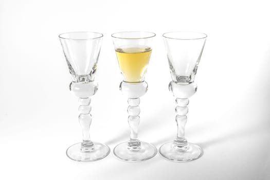 Single Shot Glass Wine Style Isolated White Background Triple Three Together Full Empty Contrast Elegant Fancy Round Stem