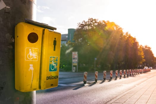 Sunset Crosswalk Button Cross Handicap German Drucken Press Road Street Outside Warm Metal