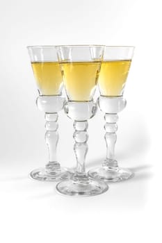 Single Shot Glass Wine Style Isolated White Background Triple Three Together Full Empty Contrast Elegant Fancy Round Stem