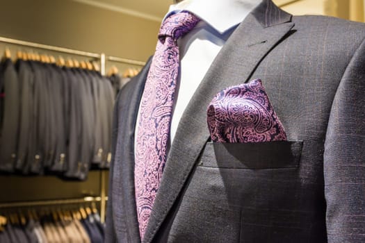 Suit Handkerchief Business Mannequin Store Luxury Professional Purple Paisley Tie Texture Closeup Dress