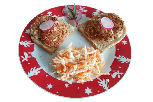 Christmas decoration. Festive plate with low carb food and christmas decoration. Christmas background.