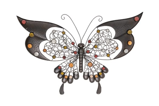 Interior decorations. Butterfly made from brown metal isolated on a white background. Butterfly decoration background.