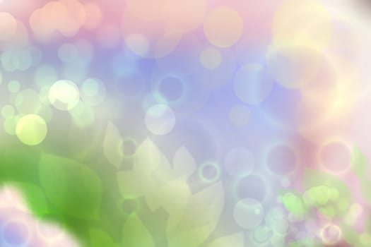 Sunny abstract bright blue green bokeh autumn background texture with leaves. Space for your design.