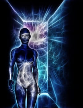 Woman emerges from doorway. Light shapes