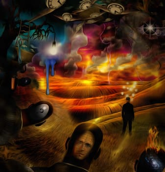 Surreal painting. Men's heads with different thoughts. Businessman with light bulbs around head stands in the field. Lightbulb on a tree branch. Winged clock represents flow of time.