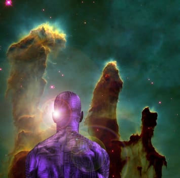 Surreal digital art. Man with electric circuit pattern on his skin stands before mystic nebula in deep space. 3D rendering