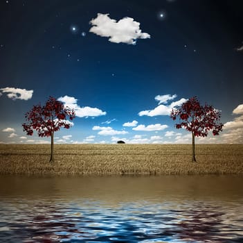 Lake and red trees. 3D rendering.