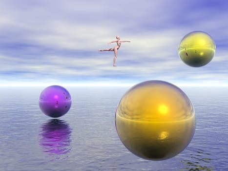 Dancer and colorful spheres hovers above endless ocean